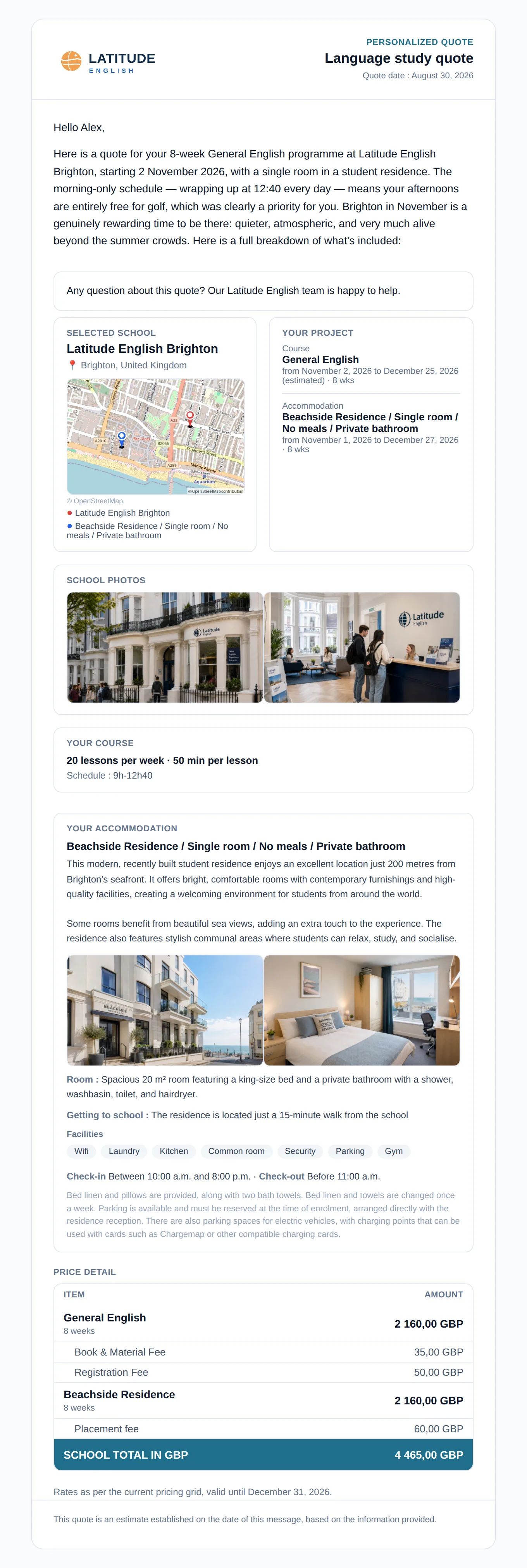 Personalised quote email with photos of the school and the residence, an OpenStreetMap double-marker map of Latitude English Brighton, and the full price breakdown